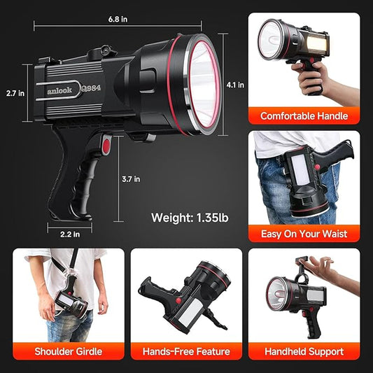 Rechargeable Spotlight Flashlight, Super Bright Handheld Spot Light with COB Light & Foldable Stand, Waterproof Long Lasting Hand Held Searchlight Spotlight for Boating Camping Hunting Fishing