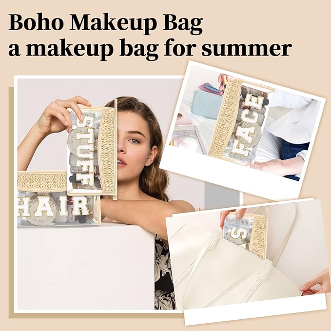 Small Boho Straw Clear Face Makeup Bags for Women&Girls, Zipper Cosmetic Bag Chenille Varsity Letter Patch Bag, Preppy Cute Toiletry Pouch, Trendy Organizer Storage Bag for Beach Travel Essentials
