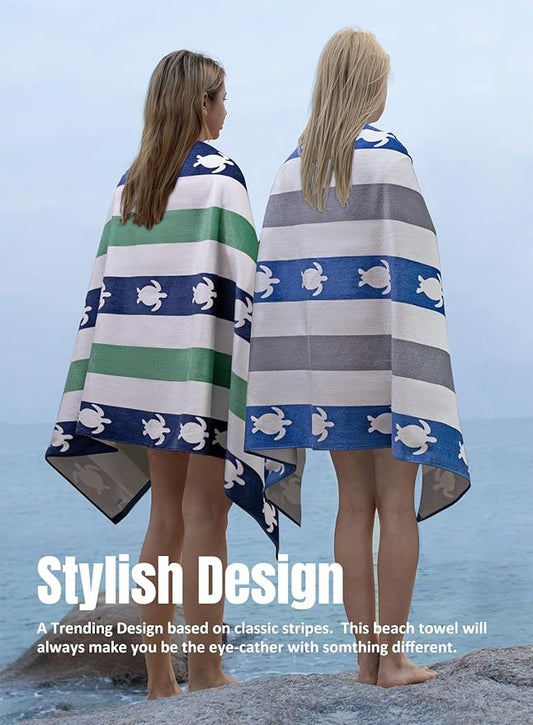 cabanana Large Beach Towel Oversized - Cotton Velour 35 x 70 Inch Sea Turtle Striped Terry Pool Towel, Cabana Soft Swimming Towel for Adults Women Men (Navy Feldspar)