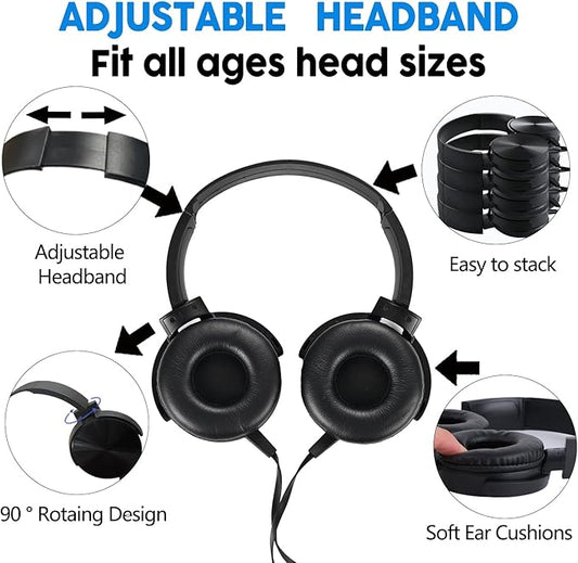 Classroom Headphones Bulk 10 Pack,Students On Ear Headsets,Comfy Swivel Earphones for Computer,School,Library,Airplane,for Online Learning and Travel,Premium Stereo Sound 3.5mm Jack (Black)