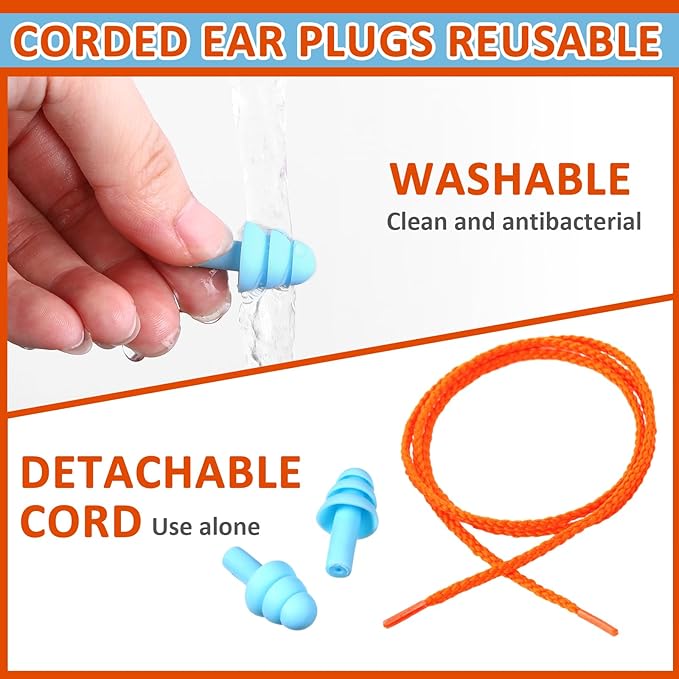 Xuhal 200 Pairs Corded Ear Plugs Silicone Earplugs with Cord Individually Wrapped Reusable Earplugs Sleep Noise Cancelling Hearing Protection for Snoring Shooting Studying Construction (Light Blue)