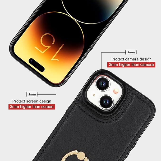 Folosu Compatible with iPhone 15 Case Wallet with Card Holder, 360°Rotation Finger Ring Holder Kickstand, RFID Blocking Leather Protective Double Buttons Shockproof Cover 6.1 Inch (Black)