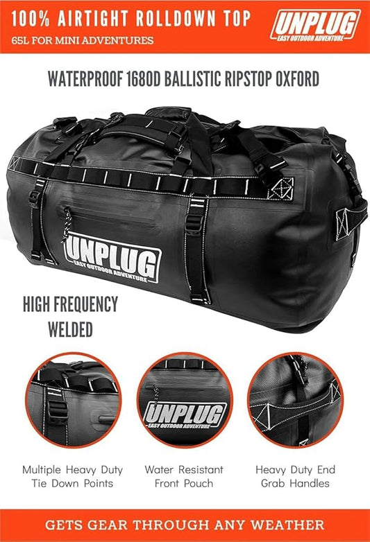 UNPLUG Ultimate Adventure Bag | 1680D Heavy Duty Waterproof Bag | Large Travel Duffle Bag which can be Used for Camping, Motorcycling, Boating, or Hunting