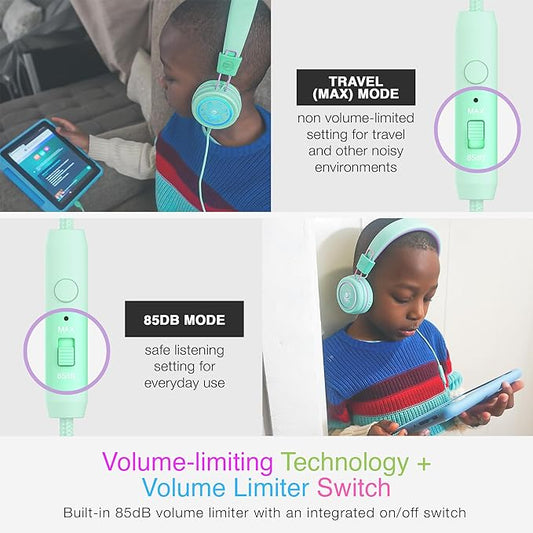 MEE audio KidJamz KJ55 Safe Listening USB-C Headphones for Children with Multicolor LED Lights, Volume Limiter, & Microphone; On-Ear Wired Kids Headset for iPhone 16, iPad, & USB Type C Devices (Mint)