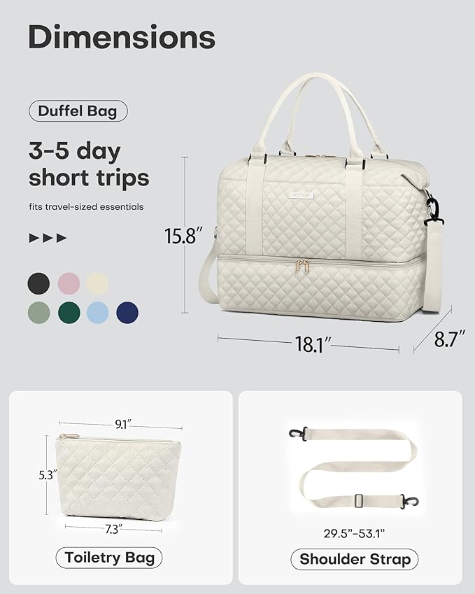 HOTOR Travel Duffel Bag - Weekender Bags for Women, Carry On Overnight Bag with Shoe Compartment, with Toiletry Bag for Travel Essentials and Travel Accessories, Beige, 15.8"×18.1"×8.7"