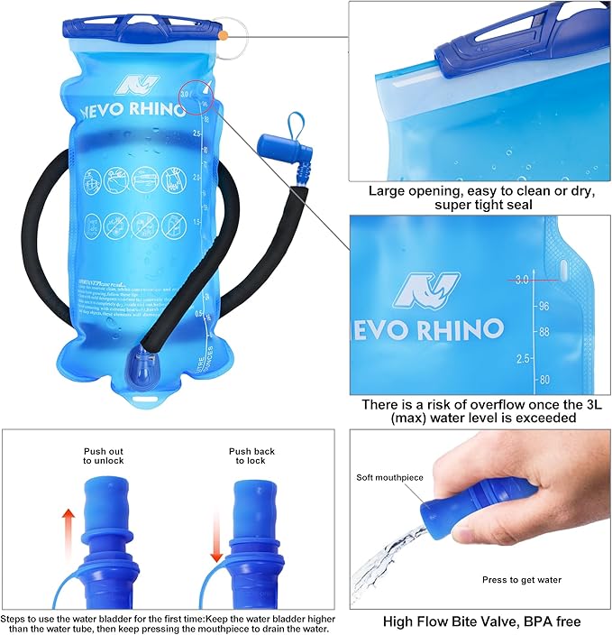 N NEVO RHINO Hydration Bladder1.5L- 2L-3L Leak Proof Water Reservoir, BPA -Free Water Pouch, Water Bladder for Hydration Pack,Hiking Backpack