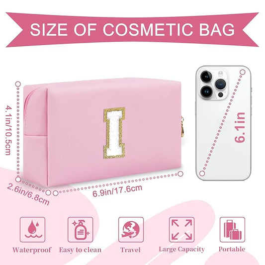 Personalized Initial A-Z Preppy Patch Makeup Bag,Small PU Chenille Letter Cosmetic Bag with Zipper for Teen Girls,Pink Cute Toiletry Organizer Bag,Monogram Makeup Case Gift for Women Girls,Letter I