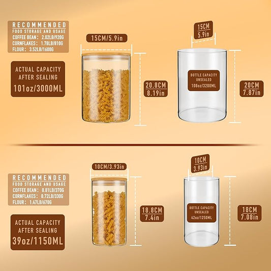 D2scrma 108oz 42oz Straight cylindrical Airtight Storage Jars with Bamboo Lid Set of 2 Large Storage Container Gallon Glass Jars, for Flour, Pasta and Coffee bean (with Black Lable)