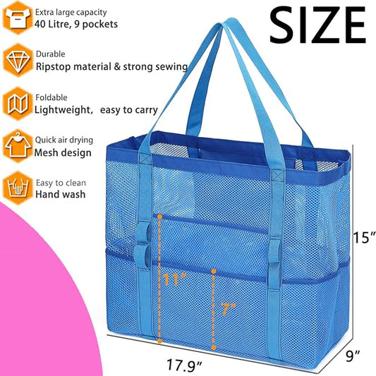 Mesh Beach Bag, Large Beach Tote with Zipper Pocket for Family Pool Bag for Toys & Vacation Essentials