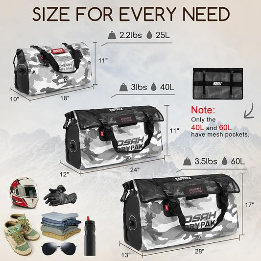 Waterproof Duffel Bag - Motorcycle Dry Bag Tail Bag with Large Storage Space, Waterproof Luggage Duffle Bags with Outer Mesh Zipper Pocket for Camping, Kayaking, Fishing & Traveling