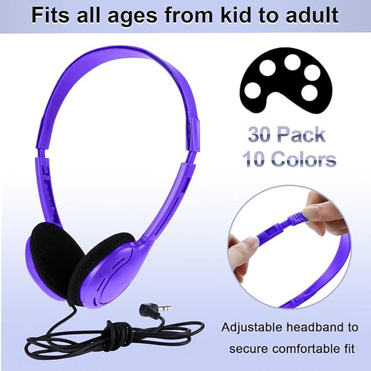 Yunsailing 30 Pack Bulk Over Ear Headphones Set On Ear Headsets Earphones with Adjustable Headband and 3.5mm Plug for Group Learning, Computer Lab, Library, Online Lesson and Testing (Classic Color)