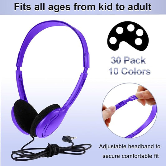 Yunsailing 30 Pack Bulk Over Ear Headphones Set On Ear Headsets Earphones with Adjustable Headband and 3.5mm Plug for Group Learning, Computer Lab, Library, Online Lesson (Purple)