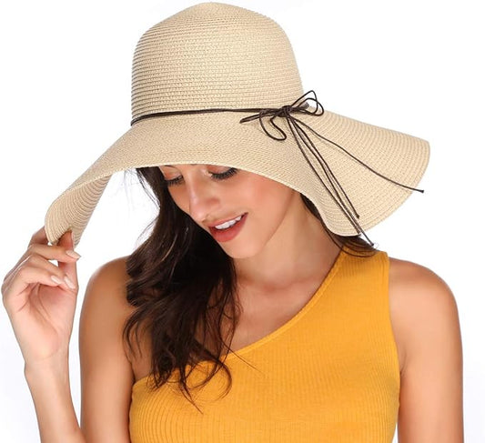 Lanzom Womens Wide Brim Straw Hat Big Floppy Foldable Roll up Cap Beach Sun Hat UPF 50+