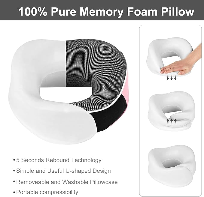 Travel Neck Pillow, Best Memory Foam Airplane Pillow for Head Support Soft Adjustable Pillow for Plane, Car & Home Recliner Use (Pink1)