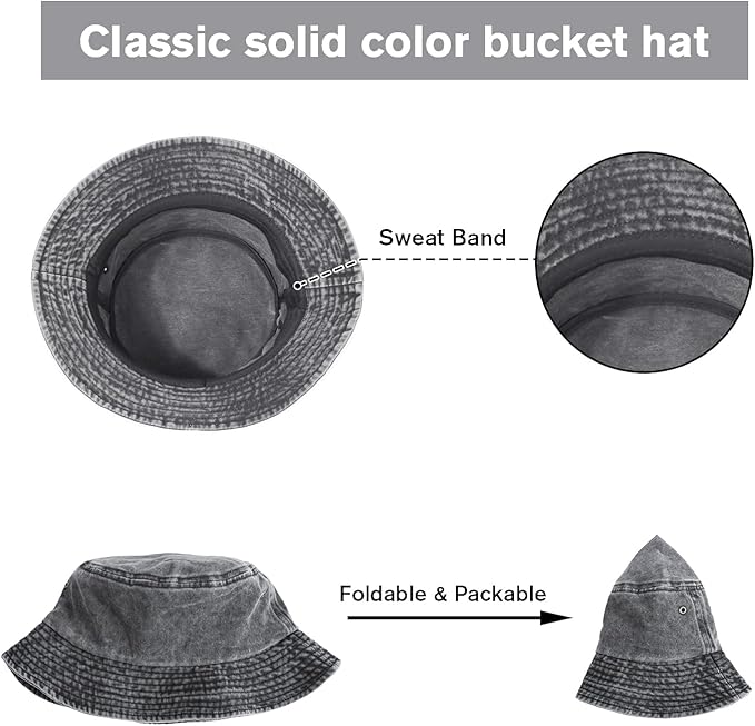 Washed Cotton Bucket Hats Packable Summer Outdoor Cap Travel Beach Sun Hat Plain Colors for Men Women