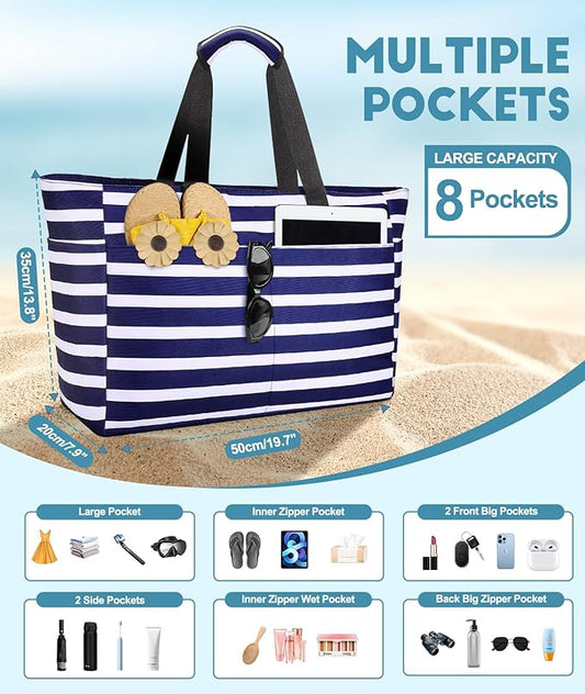 Extra Large Beach Bag Waterproof Beach Totes Bags for Women, Lightweight Foldable Pool Bag with Zipper Wet Compartment