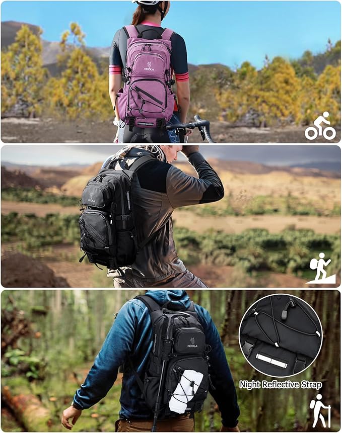 NOOLA Hydration Backpack with 3L Water Bladder - 22L Water Backpack for Hiking, Cycling, Running, Biking - Lightweight Hiking Pack Bag with Rain Cover, Phone Holder and Trekking Pole Holders, Purple