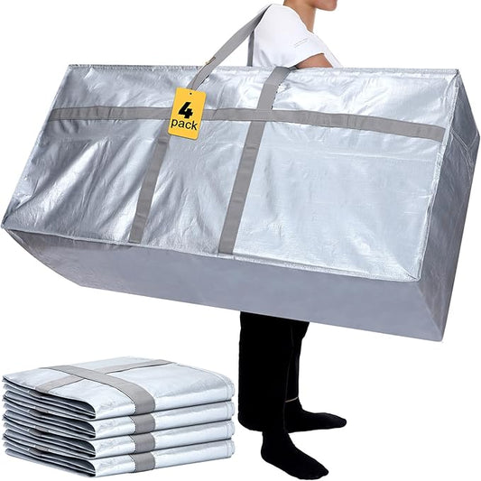 4 Pcs 66 Gallon Large Moving Bags with Zipper and Handles Foldable Storage Duffle Bags Heavy Duty Extra Large Totes for College Dorm Travel Clothes Blankets Bedding Moving (Silver)