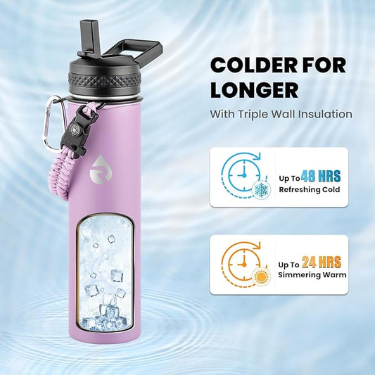 Insulated Water Bottle 24oz, Triple Wall Vacuum Stainless Steel (Cold for 48 Hrs, Hot for 24Hrs), Leak Proof & Non-BPA, 24oz Hydro Water Flask with Paracord Handle & Straw Spout Lids