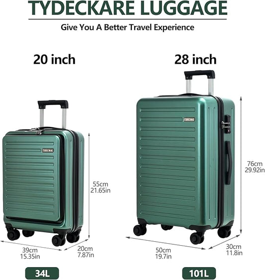 TydeCkare 2pcs 20/28" Luggage Set Lightweight HardShell, Only 20 Inch Carry On 21.65 * 15.35 * 7.87" Cabin Suitcase with Front Pocket, 28 Inch 19.68 * 11.81 * 29.92" Checked Luggage, Green