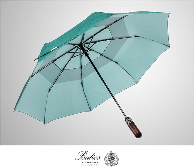 Balios Travel Folding Umbrella with Real Wood Handle Auto Open Close Vented Windproof Canopy - Designed in UK