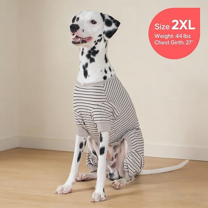 KYEESE Dog Pajamas Striped Clothes Pet PJS Lightweight Doggie Jammies 4 Legs Outfit Soft Dog Pajamas Cozy Pet Clothes Onesie Comfortable PJS Medium Dogs Doggie Onesie,Ivory Brown Striped, XX-Large
