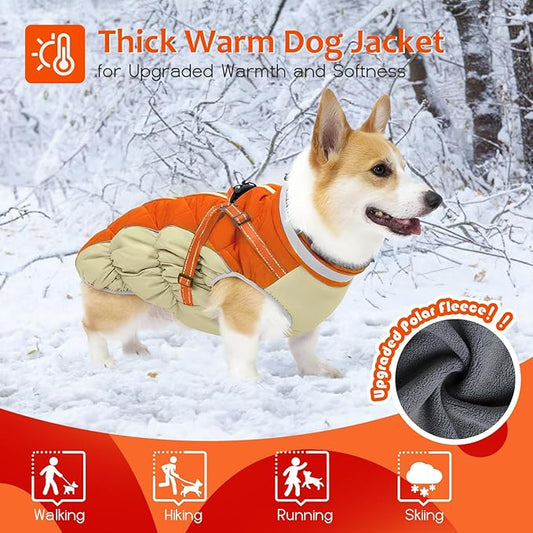 Abuandi Dog Winter Coat with Harness, Dog Jacket, Pet Clothes with Zipper on Back, Waterproof Windproof Warm Vest, Reflective Cold Weather Coats, for Small Medium Large Dogs, Thick, Orange, M