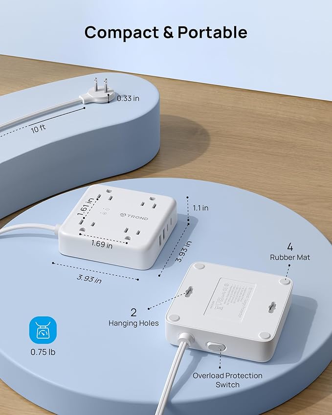 TROND 2 Prong Power Strip 10ft, 2 Prong to 3 Prong Extension Cord, Polarized Flat Plug, 4 AC 4 USB, Wall Mountable Surge Protector Outlet for Non-Ground Socket in Old House School Office, White