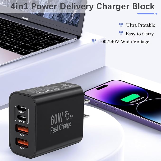 60W USB C Charger Block,2Pack 4-Port GaN USB C Charger Fast Charging Wall Plug Dual Type C+Dual USB-A Port,Multiport Power Adapter Cube for iPhone 17 Pro Max/16e/15/14/13/12/11,iPad Pro/Air/Mini-Black