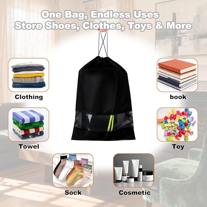 20 Pack Shoe Bags for Travel, 17" x 12.6" Drawstring Shoe Organizers with Clear Window, Breathable Non-Woven Dustproof Pouches for Luggage & Closet (Black)