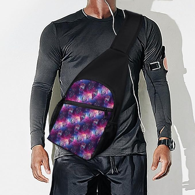 SWEET TANG Cool Sling Backpack for Men Women, Multipurpose Crossbody Shoulder Bag Dream Catcher Wolf Space Fantasy, Travel Hiking Zippered Daypack, Adjustable and Breathable