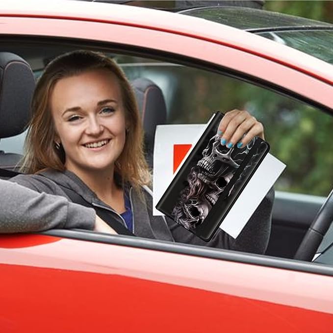 Car Registration and Insurance Holder, Leather Car Glove Box Organizer, Cool Car Accessories for ID, Driver's License Cards & Essential Document,business cards,Men&Women,Skull/Black