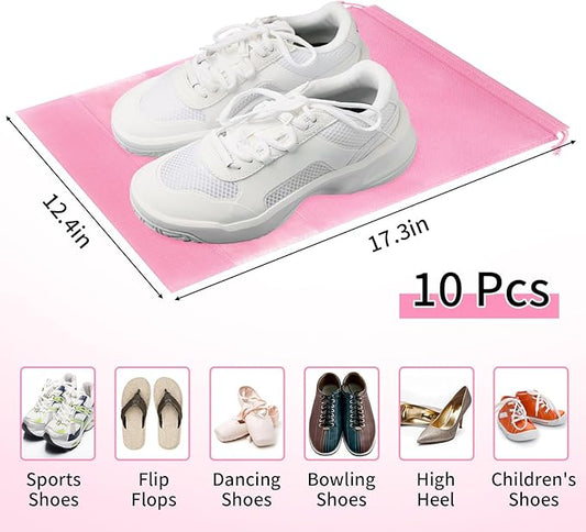 Large Pink Travel Shoe Bags - 10 Pcs, Non-Woven Drawstring with Clear Window (12.6" X 17.3")