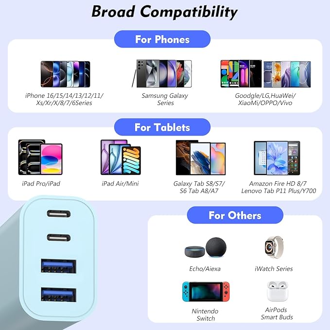 iPhone 17 Charger Block,40W 4-Port PD USB C Charger Block Power Adapter+QC Wall Charging Plug 2 Pack Fast Charging Cube Apple Multiport Brick for iPhone 17/17Pro/Air/16e/16/15/14/13/12,iPad(Pink&Blue)
