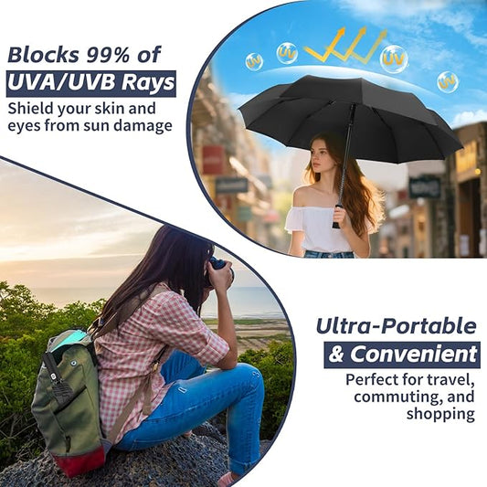 Satol Compact Umbrellas Automatic Open/Close, 46 Inch Windproof Travel Umbrellas, 10-Rib Umbrella for Rain, UPF 50+ UV Protection Sturdy Folding Umbrella