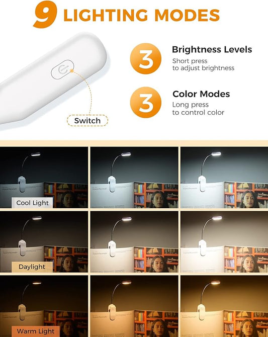 Monotremp Book Lights for Reading at Night in Bed, 80 Hours Runtime Rechargeable Reading Lights for Books in Bed, 3 Brightness Levels × 3 Color Temperatures, 1.3 oz Lightweight