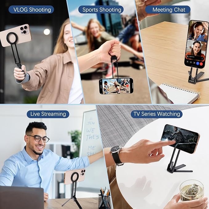 Universal Magnetic Phone Tripod, Foldable Magnetic Pocket Phone Tripod, Aluminum Alloy Mini Portable Cell Phone Stand Magnet Quick Mount, Travel Size, Suitable for Daily Vlog Shooting (Black)