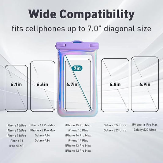Floatable Waterproof Phone Pouch for iPhone 17 16 Pro Max/15/14/13, IP68 Travel Cellphone Dry Bag Beach Cruise Ship Essentials Bags with Crossbody Lanyard, Iridescent Purple and Pink-7″2 Pax