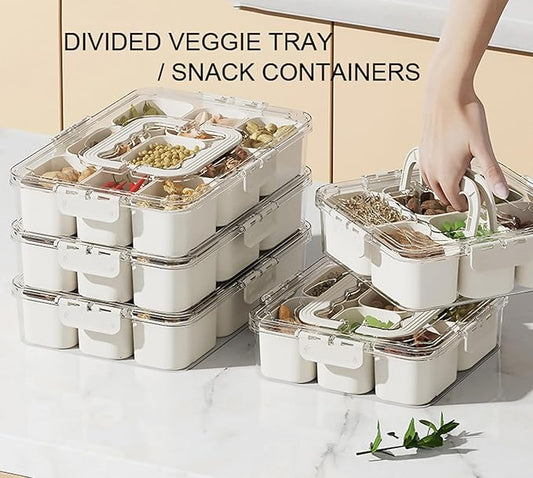 Divided Veggie Tray with Lid and Handle 6 Compartment Serving Tray with Dividers Portable Travel Snack Containers Stackable Snackle Box Charcuterie Container for Fruit,Vegetable,Salad (6 Containers)