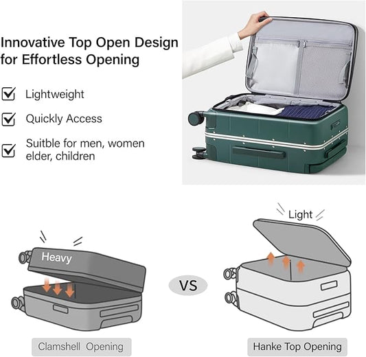 Hanke Top Opening Carry On Luggage, 20 Inch Zipperless Aluminum Frame Wide Handle Luggage, All-PC Hard Shell Trunk Suitcase with Spinner Wheels, TSA Airline Approved (Blackish Green, 40L)