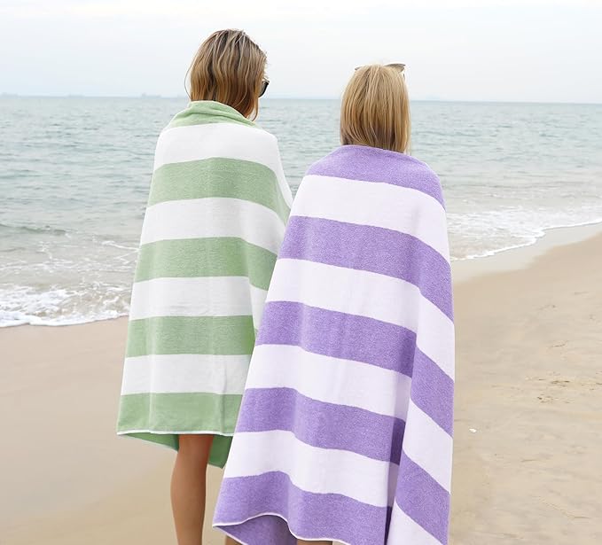 CLOWOOD Plush Oversized Beach Towel - Cotton 40 x 70 Inch Large Thick Purple Striped Cabana Pool Swimming Towel