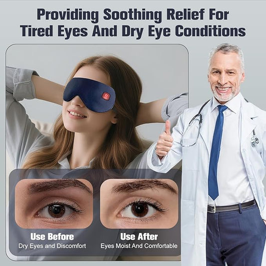 Heated Eye Mask, Rechargeable Detachable Washable Faux Silk Electric Cordless Dry Eyes Warmer Compress Graphene Sleep Mask Travel Gifts for Men Women, 3 Heat Levels & Auto-Off, Dark Blue