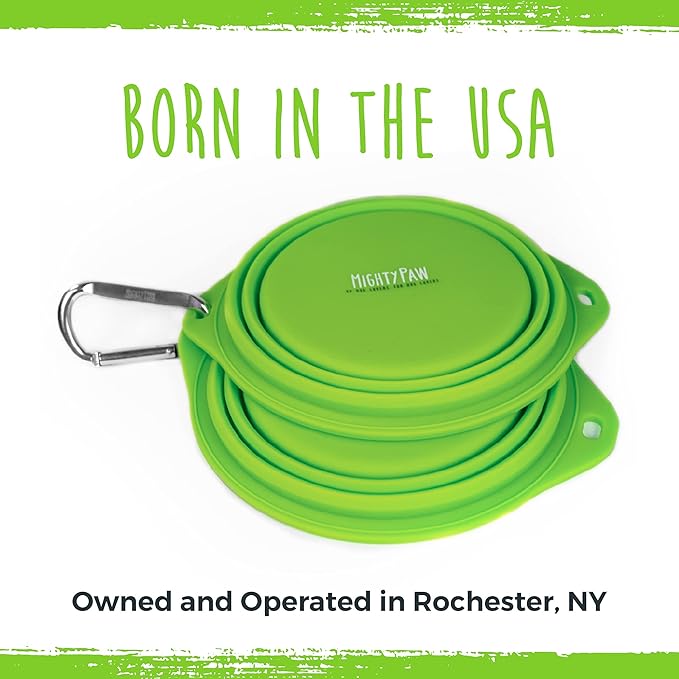 Mighty Paw Travel Dog Bowl Set - Silicone Food - Bonus Carabiner Clip - Ideal for Hiking - Camping - Lightweight - Leak-Proof - Collapsible Dog Bowl with Lid - Green - 2 Pack (27 Oz)