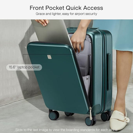Hanke Grace Carry On Luggage with Wheels Airline Approved Hard Shell Suitcases with Front Pocket,Top Opening Luggage with TSA Lock for Short Business Travel,Blackish Green.