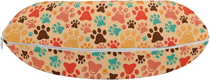 Ambesonne Dog Lover Travel Pillow Neck Rest, Colorful Paw Print Pattern with Various Sizes Abstract Animal Canine and Feline, Memory Foam Traveling Accessory for Airplane and Car, 12", Coffee Brown