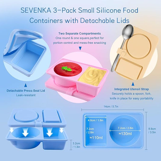 SEVENKA 3 Reuseable Silicone Snack Containers with Lids, Small Double Compartment Snackle Bento Box, Leakproof Sauce & Salad Dressing Containers for Travel, Office, Picnic, Dishwasher Safe