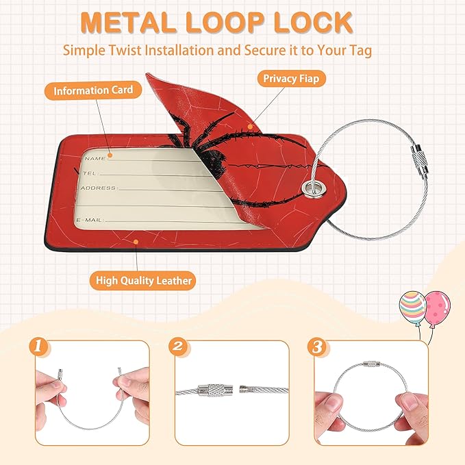 Red Web Spider 3 PCS Luggage Tags, Black Hanging Spider Leather Suitcase Tags with Privacy Cover Name Address Labels and Durable Steel Loop for Men/Women Travel Bag Suitcases