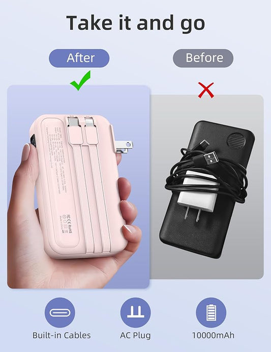 RORRY Portable Charger Built in Cables, AC Wall Plug in Portable Charger Power Bank 10000mAh Travel Battery Pack 22.5W Fast Charging for iPhone 17/16/15 Samsung Galaxy S24/S23/S22 Pixel LG iPad, Pink