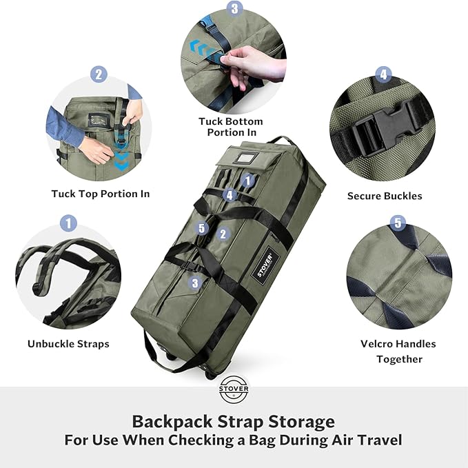 STOVER 80L Rolling Duffel Bag with Wheels, Large Durable Travel Duffle + Toiletry Bag, Heavy Duty, Packable, Foldable with Shoulder Straps- Use as Luggage or Backpack, Men/Women (Green)