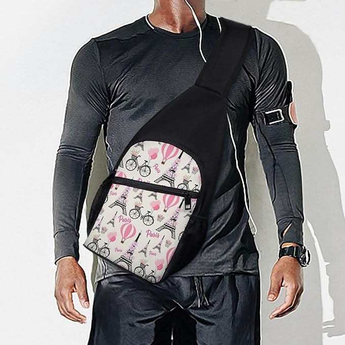SWEET TANG Large Capacity Sling Chest Bag Backpack, Fashion Daypack Pink Paris Eiffel Tower, Cross Body Funny Shoulder Sack with Adjutable Strap for Men Women Travel